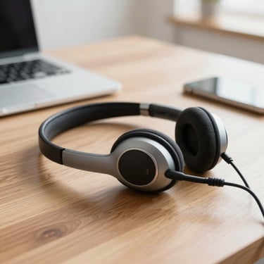 Close-up of a high-quality USB headset resting on a clean wooden desk, soft natural indoor light, authentic editorial style