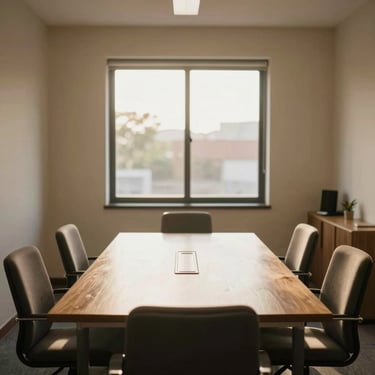 A welcoming, clean office interior in Naucalpan with a wooden table, comfortable chairs, soft warm daylight streaming through a large window, peaceful atmosphere.