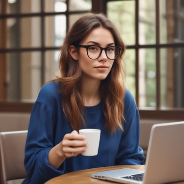 a woman in glasses and a blue shirt is holding a cup of coffee