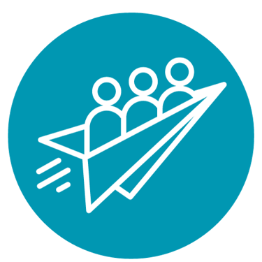 une icône arrondie avec un avion en papier transportant 3 personnes