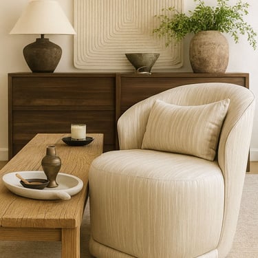 Beige upholstered chair with curved backrest in a warm organic modern living room by Solo Home Decor