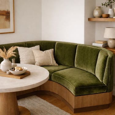 Custom banquette with corner and curved transition seating built to fit a dining space