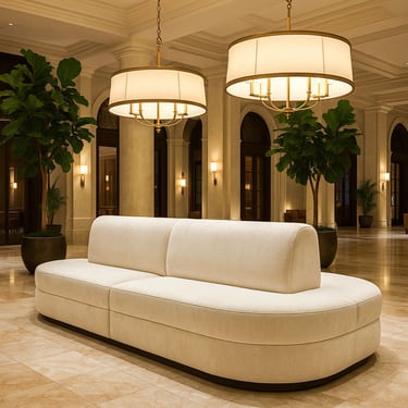 Sophisticated beige curved banquette centerpiece in a luxury lobby, designed by Solo Home Décor for hospitality spaces.