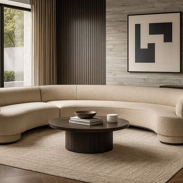 Modern beige curved sectional on neutral rug with dark wood round coffee table in a minimalist room 