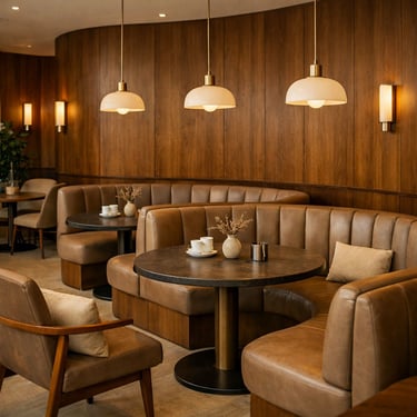 Curved booth seating in a boutique cafe with premium upholstery and warm design details