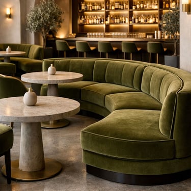 Curved and round banquettes in a minimal modern space with clean lines