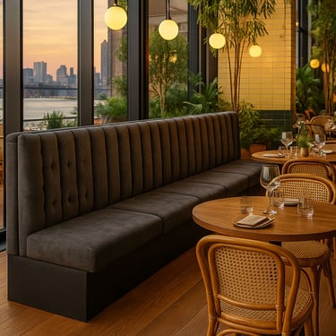 Custom banquette seating by Solo Home Decor, featuring sleek vertical tufted design, perfect for modern upscale dining spaces