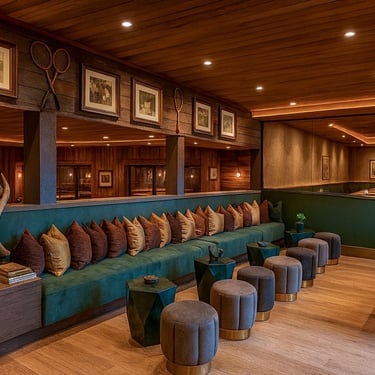 Solo Home Decor custom banquette with velvet pillows in a warm modern lounge with wood accents and soft lighting.
