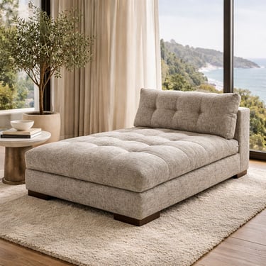 Custom tufted chaise lounge in a soft neutral fabric with scenic window views by Solo Home Decor