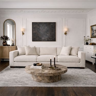 Custom classic modern white sofa in an elegant formal living room by Solo Home Decor