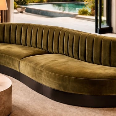 Custom curved green velvet banquette with channel tufting by Solo Home Decor