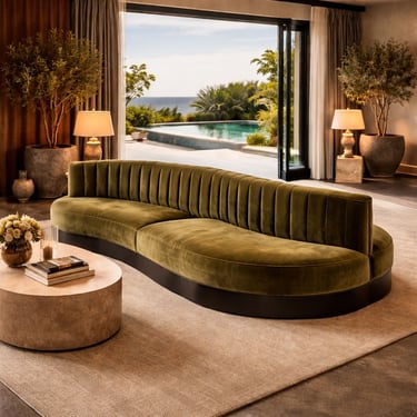 Custom luxury curved olive velvet banquette in an elegant living room with pool view by Solo Home Decor
