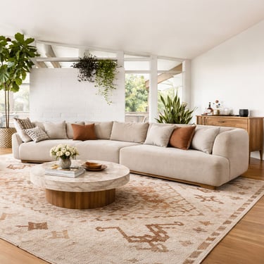 Custom mid-century modern sectional sofa in a bright neutral living room by Solo Home Decor