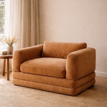 Custom modern upholstered chair in warm tan leather with oversized cushioning by Solo Home Decor