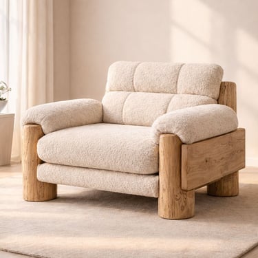Custom rustic modern boucle chair with light wood frame and oversized rounded arms by Solo Home Decor