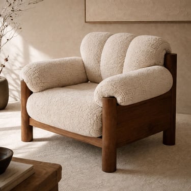 Custom rustic modern boucle chair with walnut wood frame and rounded arms by Solo Home Decor