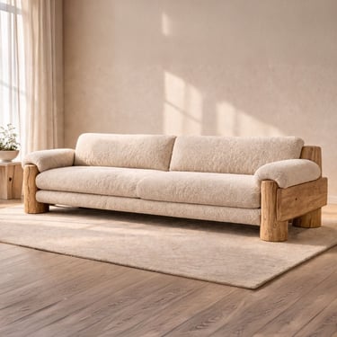 Custom rustic modern boucle sofa with solid wood frame and rounded arms by Solo Home Decor
