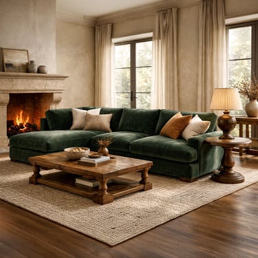 Cozy living room with green sectional showcasing custom design furniture and transitional furniture by Solo Home Decor