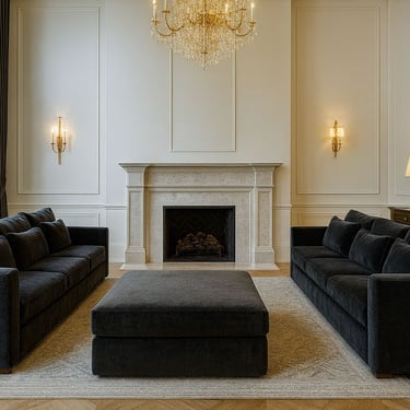 Elegant living room with two navy sofas by Solo Home Decor