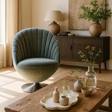 Green swivel chair in a warm modern living room with rustic coffee table, earthy accents, and natural light by Solo Home Deco