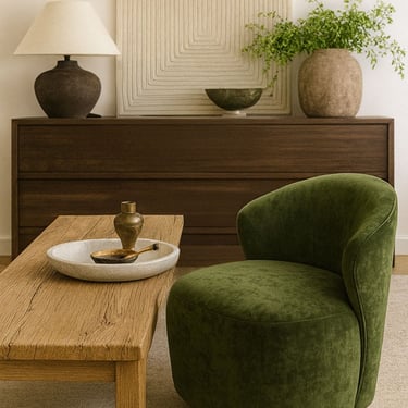 Green velvet accent chair in a warm organic modern living room with rustic coffee table by Solo Home Decor