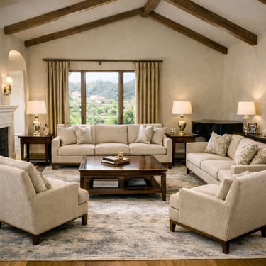High end neutral living room with two beige sofas, two matching armchairs, warm wood coffee table