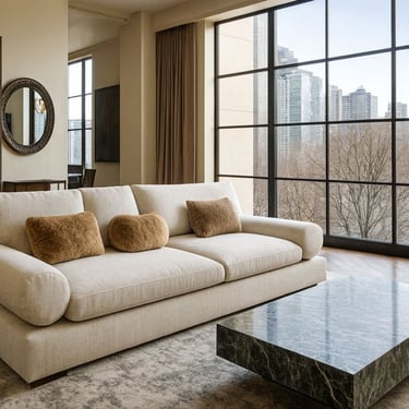 Luxury modern sofa in a sunlit high-rise living room with city views and marble coffee table, by Solo Home Decor.