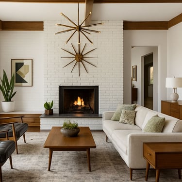 Cream Mid-Century sofa and walnut armchairs with black leather in front of a white brick fireplace.