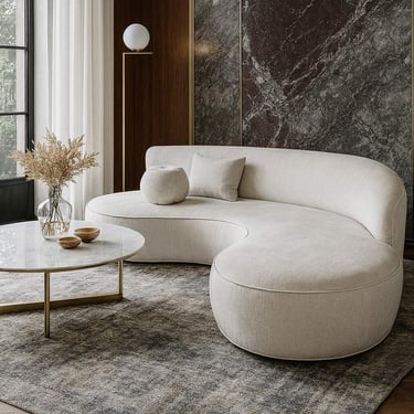 Elegant cream curved sofa with plush cushions by Solo Home Decor