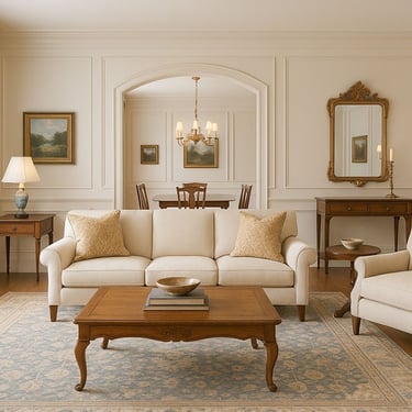 Traditional living room and dining room with neutral tones and classic furniture by Solo Home Decor.