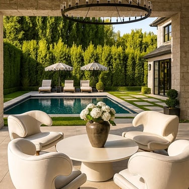 Luxurious backyard with pool featuring custom curved white armchairs by Solo Home Decor, elegant modern style