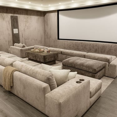 Solo Home Decor luxury home theater with sectional seating, ottomans, and custom design for an elevated movie experience.