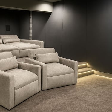Solo Home Decor custom home theater chairs with sleek neutral fabric, modern design, and cozy