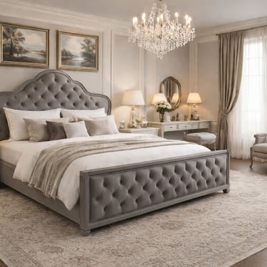 Elegant bedroom with a gray tufted bed, white bedding, crystal chandelier, vintage nightstands.