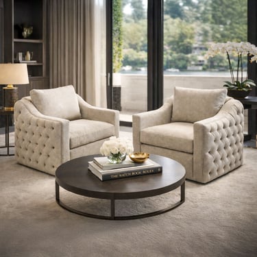 Pair of tufted accent chairs in a refined neutral living room with round black coffee table by Solo Home Decor