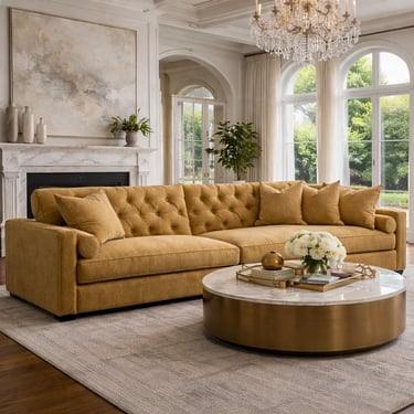 Mustard tufted sofa in a bright living room with custom design furniture and transitional furniture by Solo Home Decor