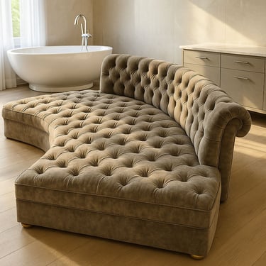 Curved tufted velvet lounge chaise with rolled backrest, custom-crafted by Solo Home Decor for luxury spaces.