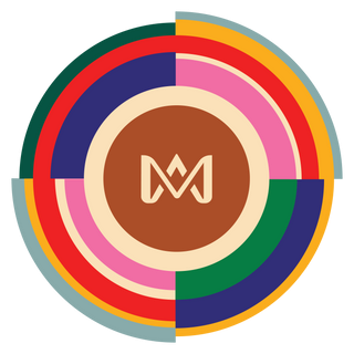 Circular emblem featuring concentric colorful rings in red, green, yellow, blue, and pink, with a central brown circle contai