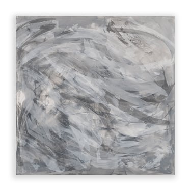 Abstract grey and white acrylic painting featuring expressive, layered brushstrokes on a square canvas.