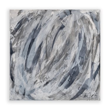 Abstract acrylic canvas painting featuring expressive grey, white, and black circular brushstrokes.