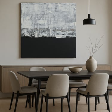 Modern dining room featuring a black and white abstract wall art canvas over a dark wood table.