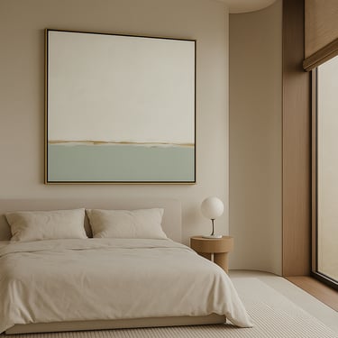 Minimalist beige bedroom with large abstract wall art and modern globe lamp on a wooden nightstand.