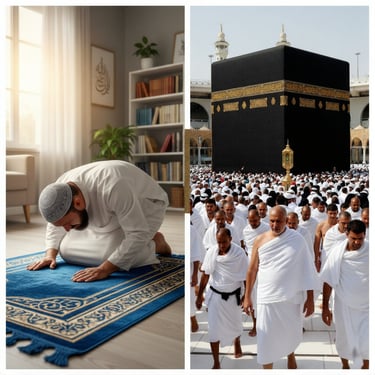 Elegant prayer mat (janamaz) in use at home and persons wearing ehram (ahram) during umrah at Mecca