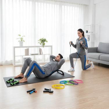 Home fitness gadgets being used for exercise at home by a couple