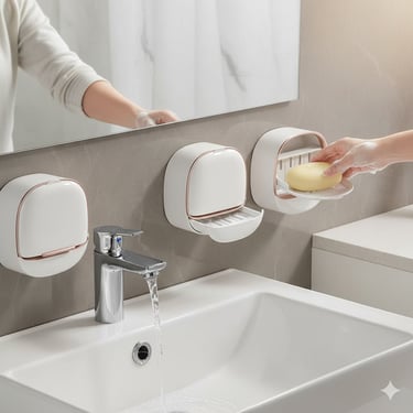 Wall-mounted flip cover soap holder with drain, shown in use in a modern bathroom sink setting
