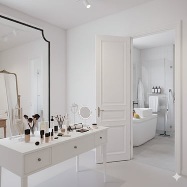 a dressing table displaying makeup articles and bathroom