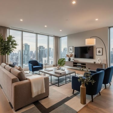 An elegant living room with interior decor and prayer mat on sofa side 