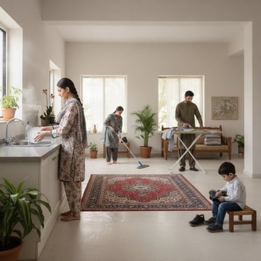 A family using multiple utilities like wet mop to clean rug, dish washing, ironing and shoe cleaning