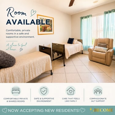 Shared assisted living bedroom with adjustable beds, recliners, and natural lighting for seniors.