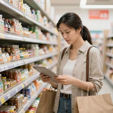 A quaint vintage store entrance is nestled between lush greenery and vines. The shop has a charming sign above the door and displays various items inside. A bicycle is partially visible outside, and there are small decorative plants and a white patio umbrella nearby.